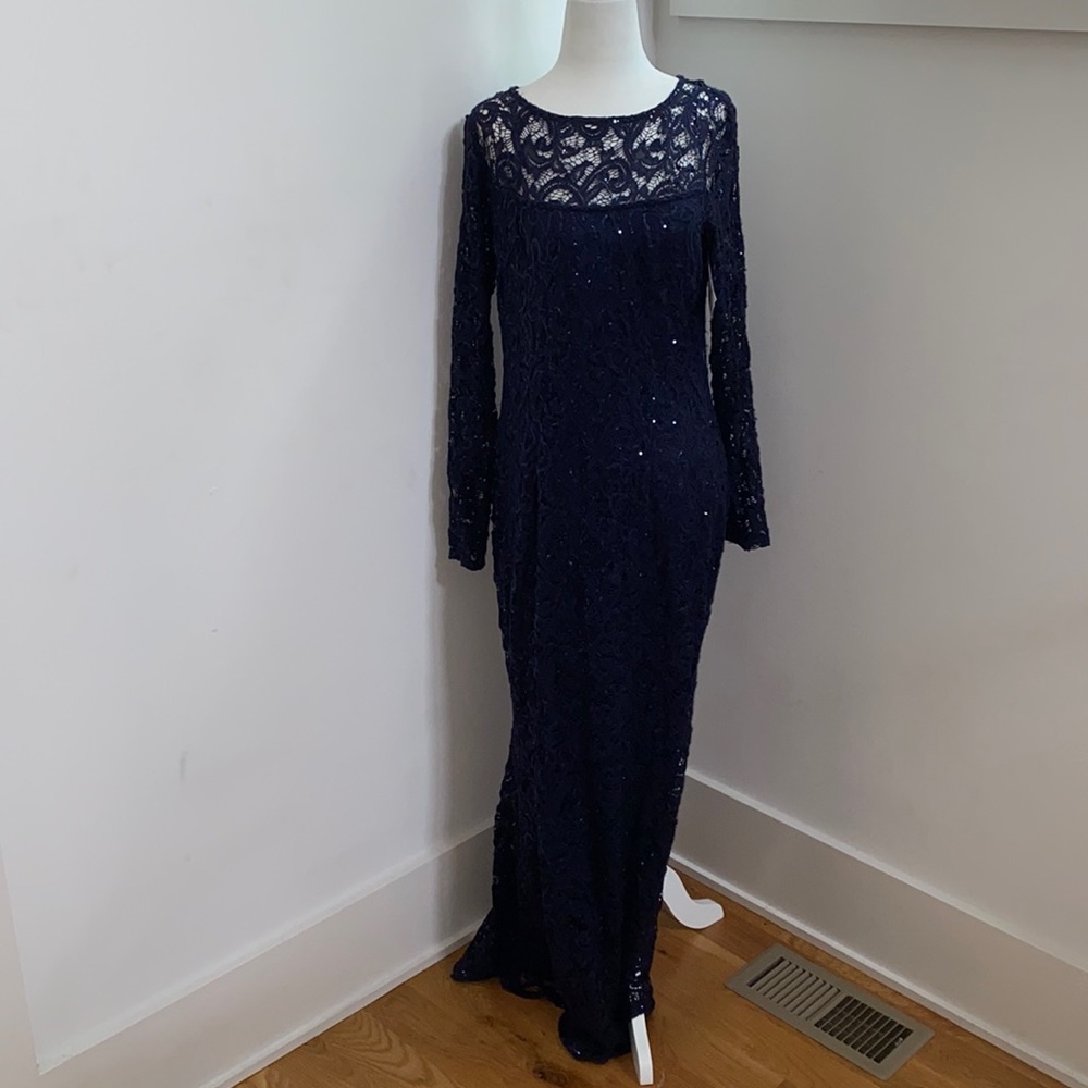 NWOT Marina Navy Sequin Lace Long Sleeve Gown